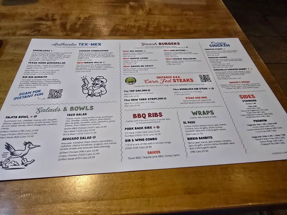 Menu, Lone Star Texas Grill
