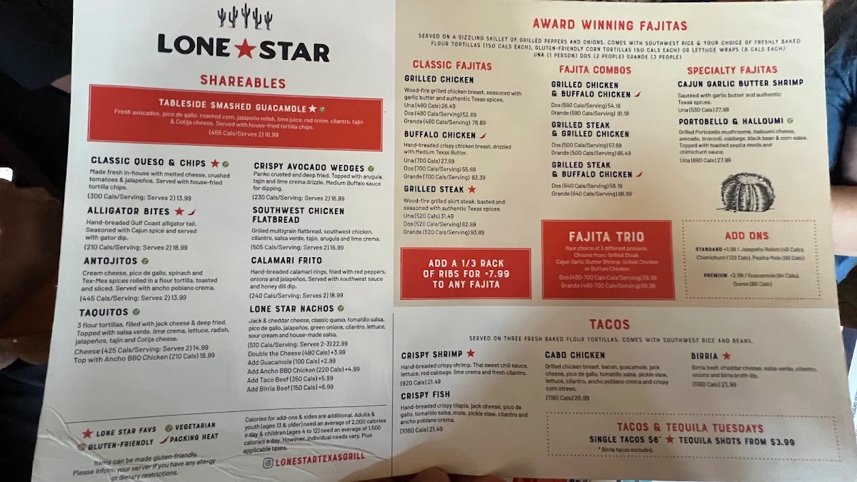 Menu, Lone Star Texas Grill