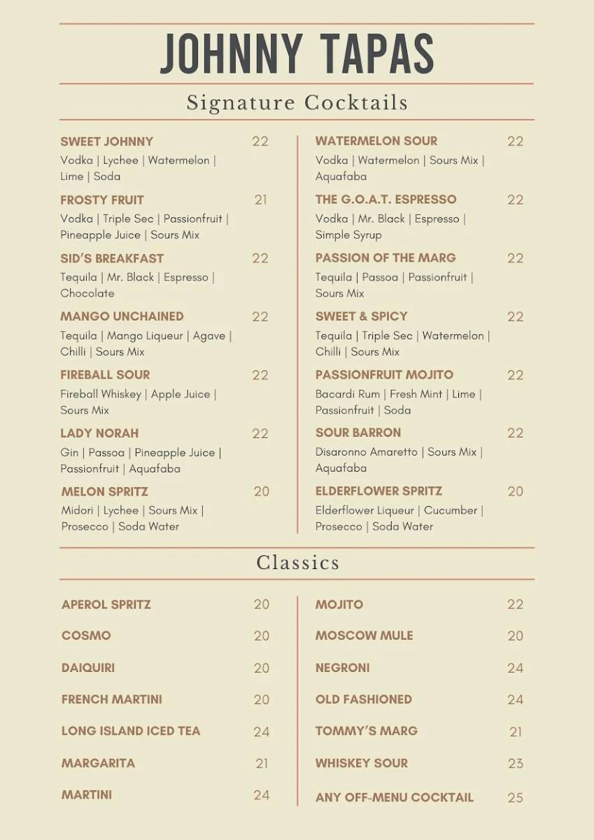 Menu, Johnny Tapas