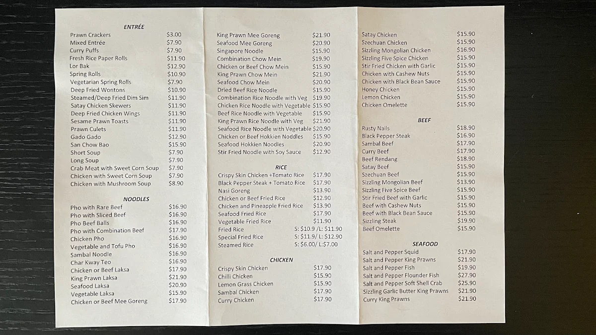 Menu, Billy's Bowl Restaurant