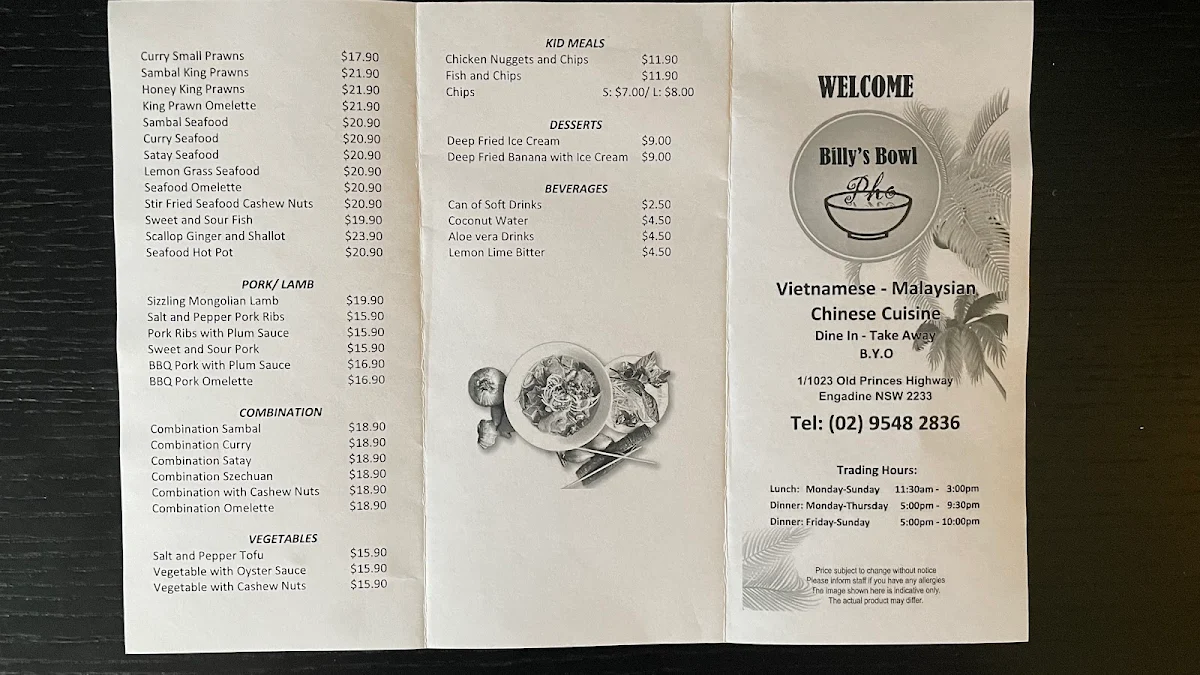 Menu, Billy's Bowl Restaurant