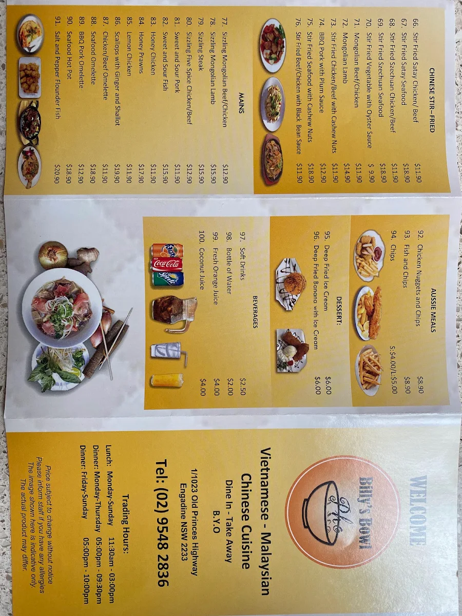Menu, Billy's Bowl Restaurant