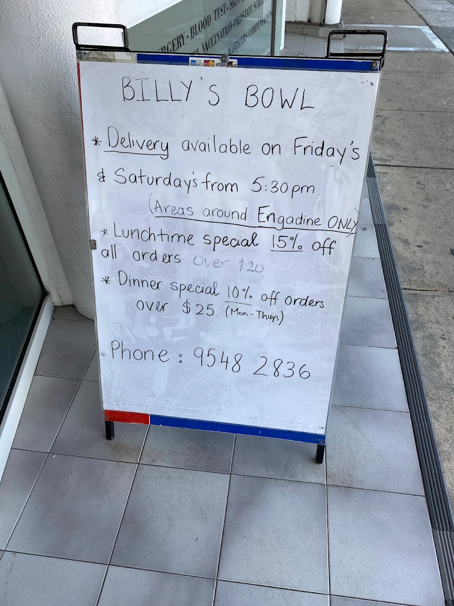 Menu, Billy's Bowl Restaurant