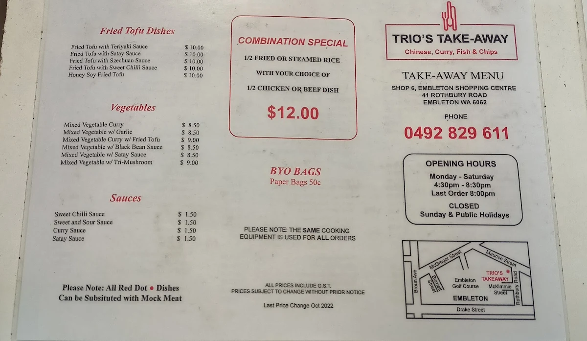 Menu, Trio's Take Away