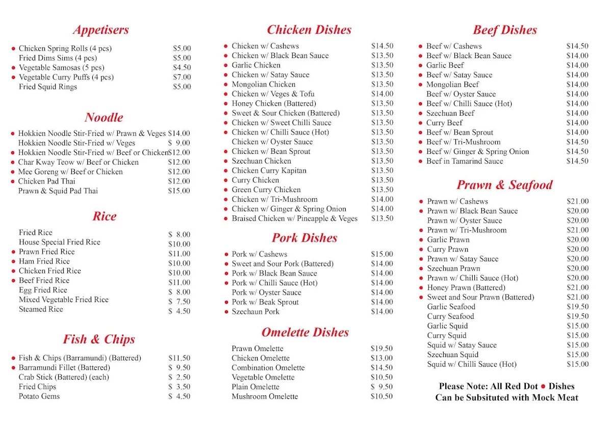 Menu, Trio's Take Away