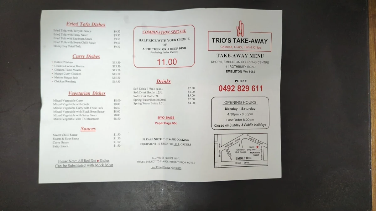 Menu, Trio's Take Away