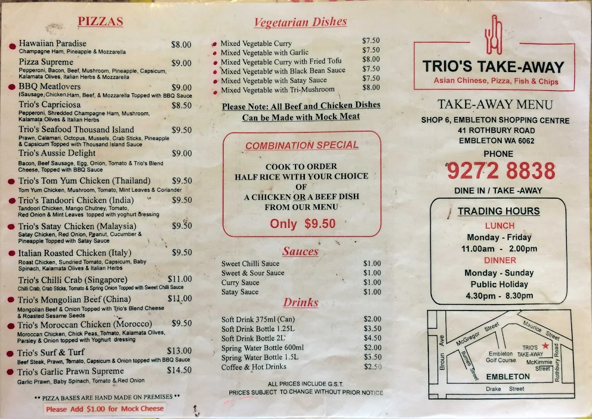 Menu, Trio's Take Away