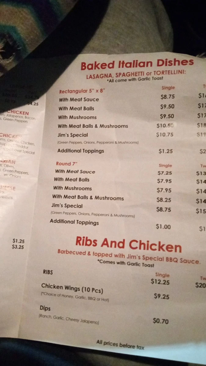 Menu, Jim's Pizza