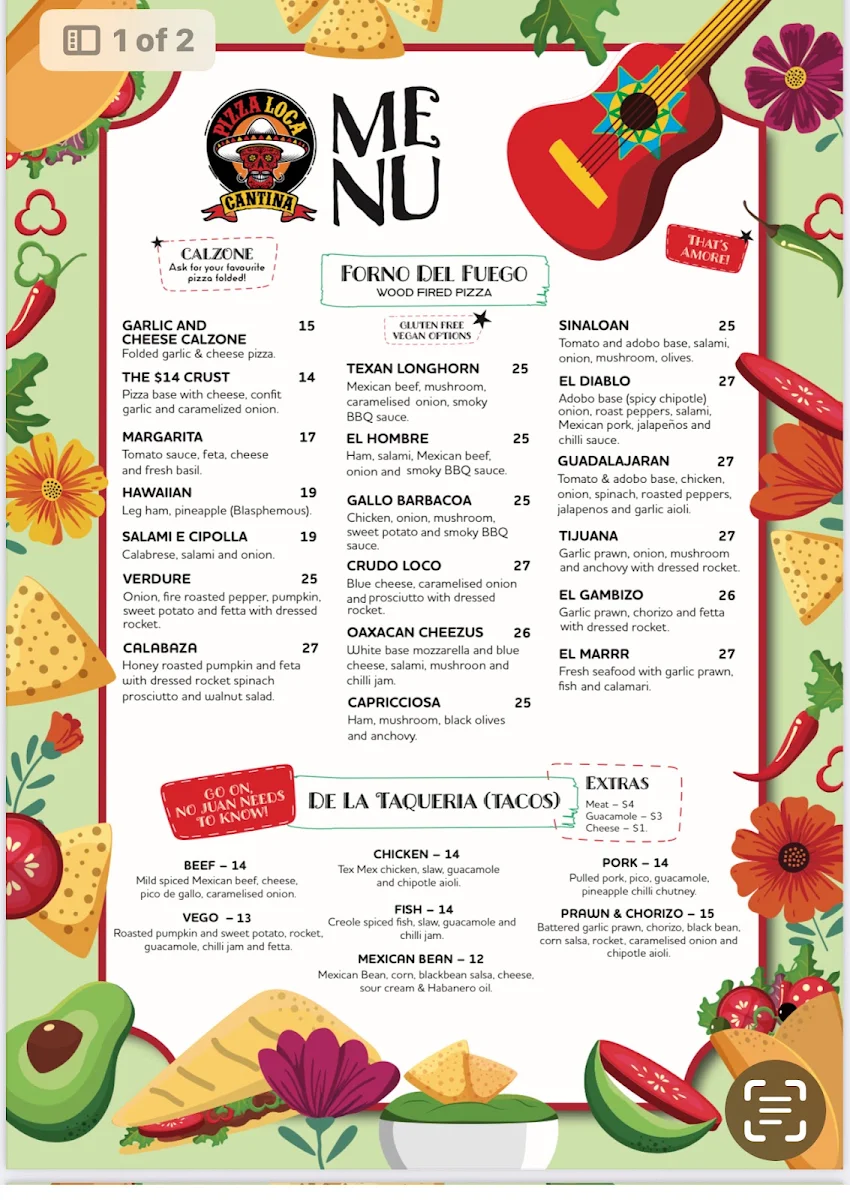 Menu, Pizza Loca Cantina