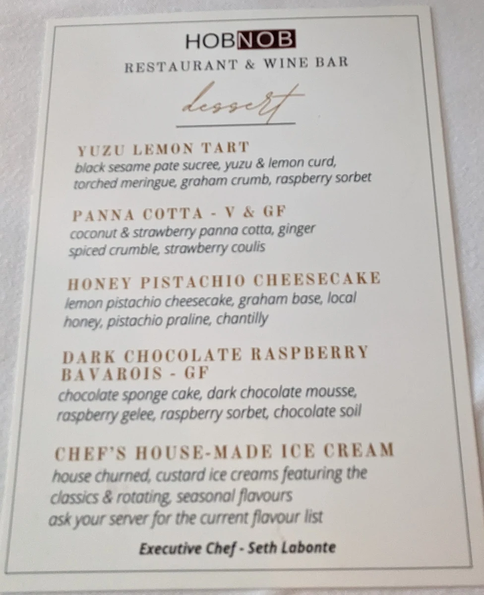 Menu, HOB NOB Restaurant