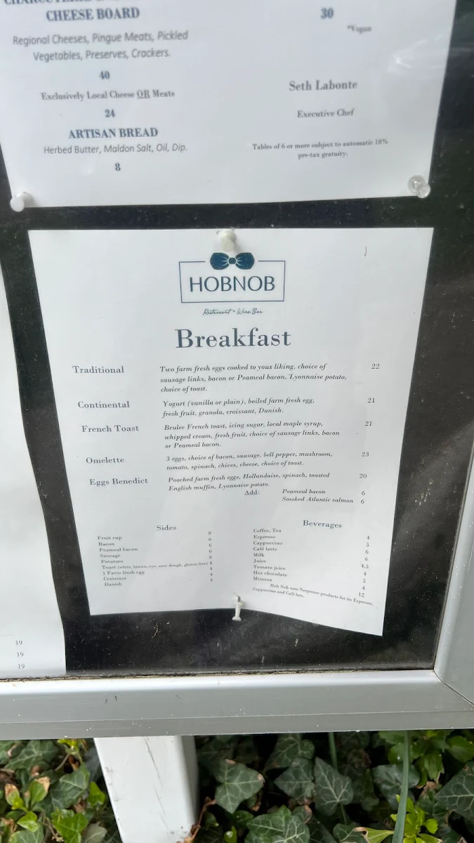 Menu, HOB NOB Restaurant
