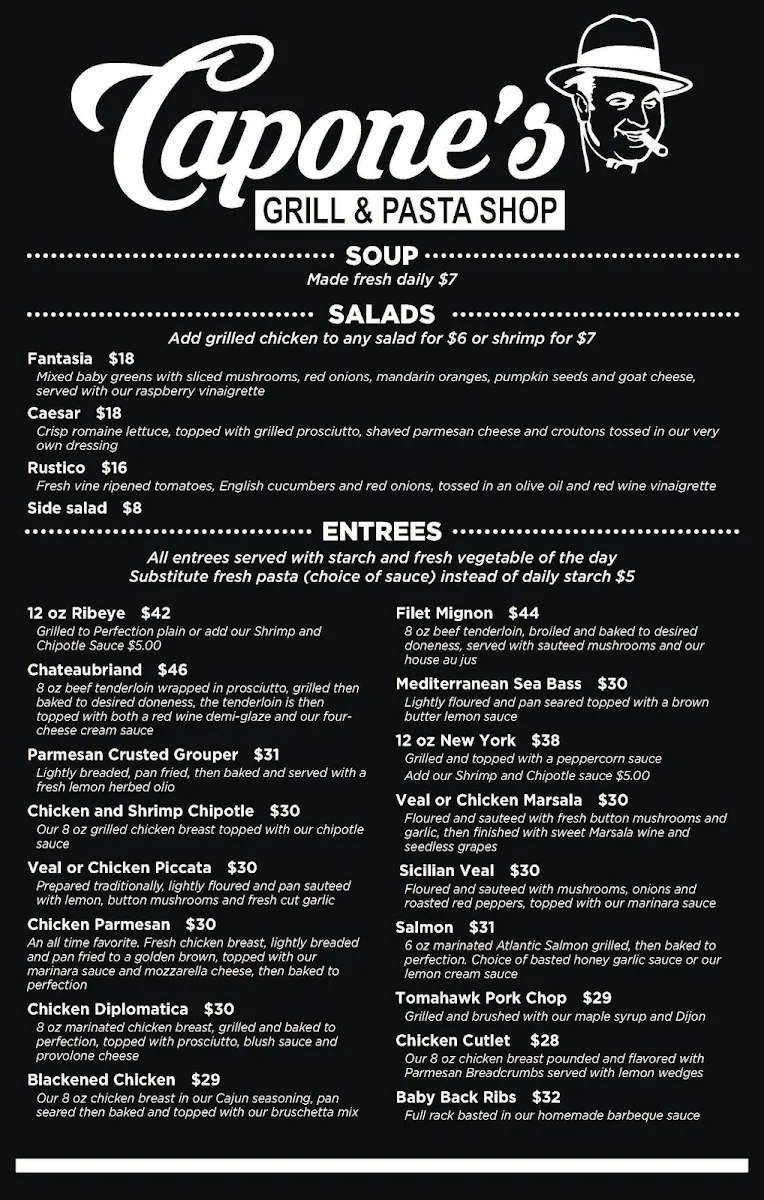 Menu, Capone's Grill & Pasta Shop