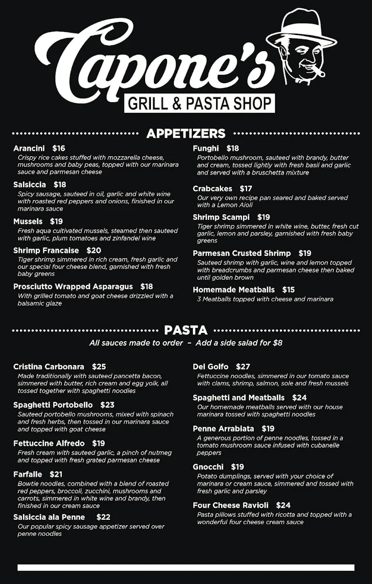 Menu, Capone's Grill & Pasta Shop