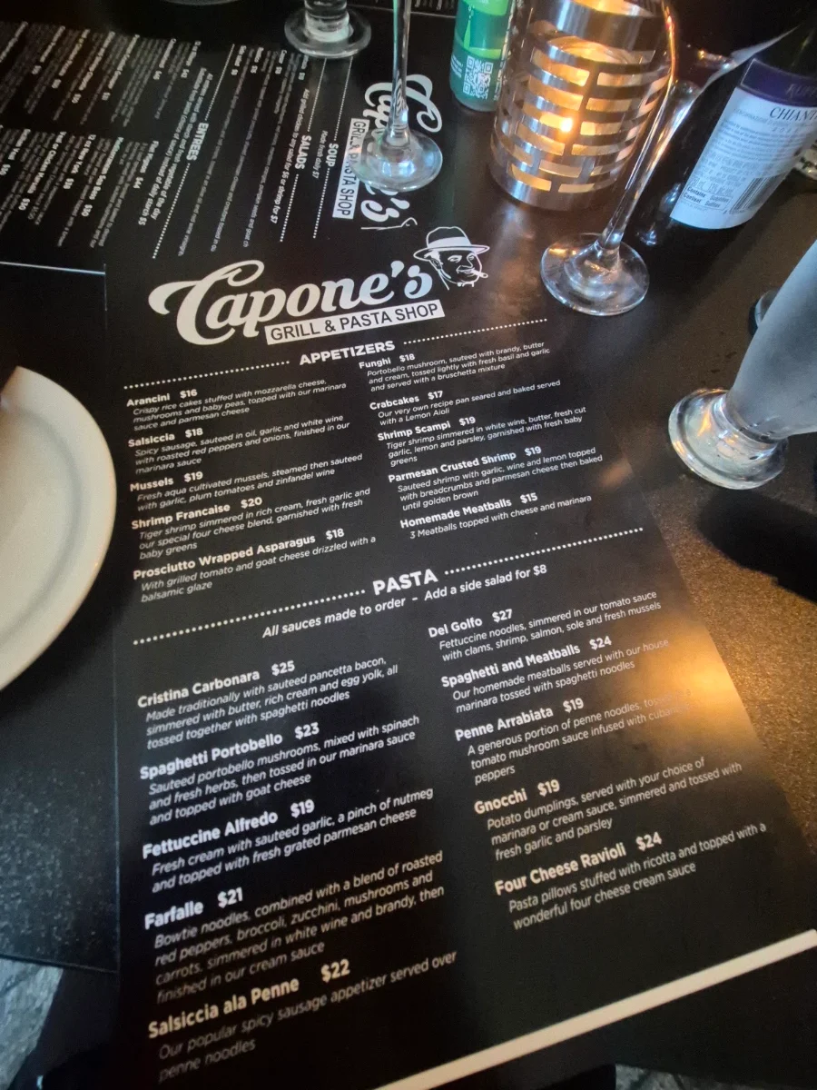 Menu, Capone's Grill & Pasta Shop