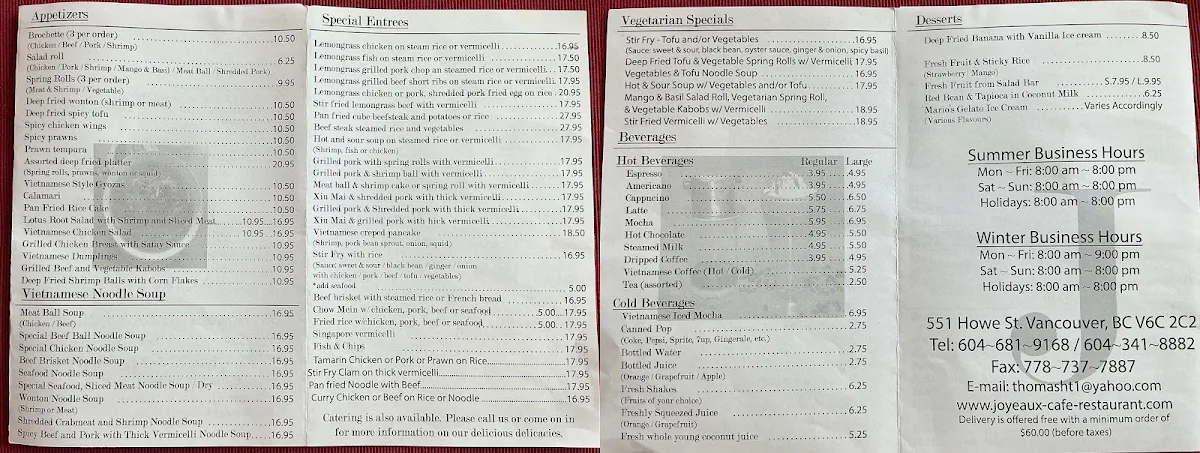 Menu, Joyeaux Café & Restaurant