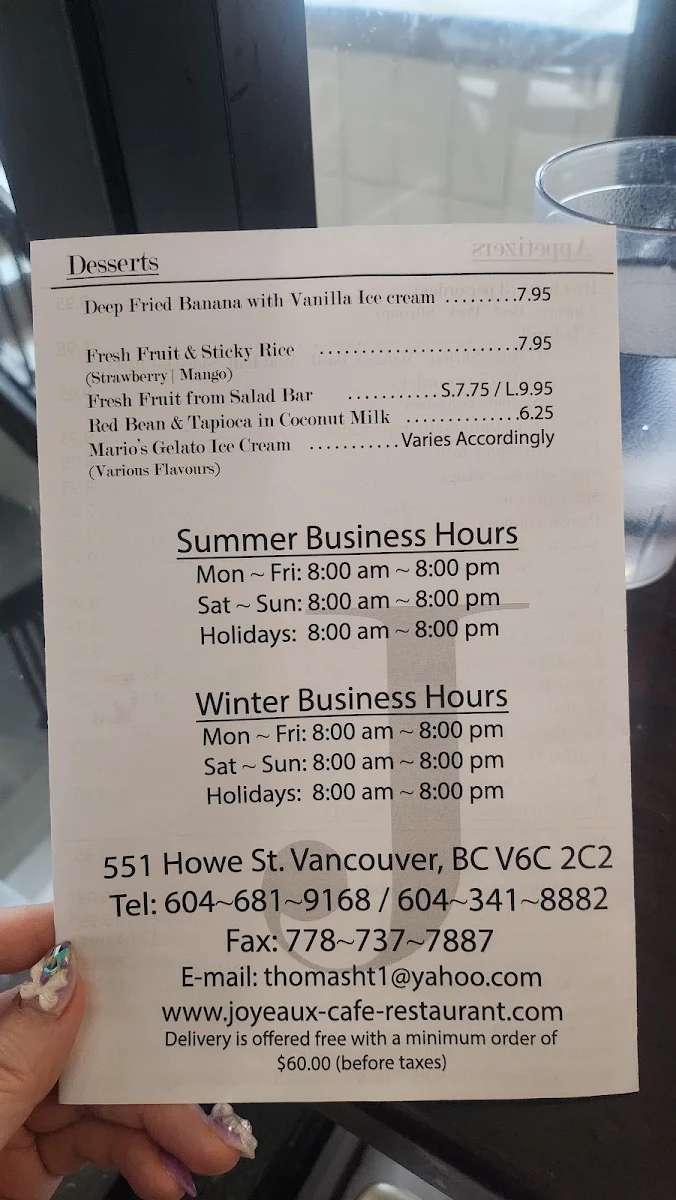 Menu, Joyeaux Café & Restaurant