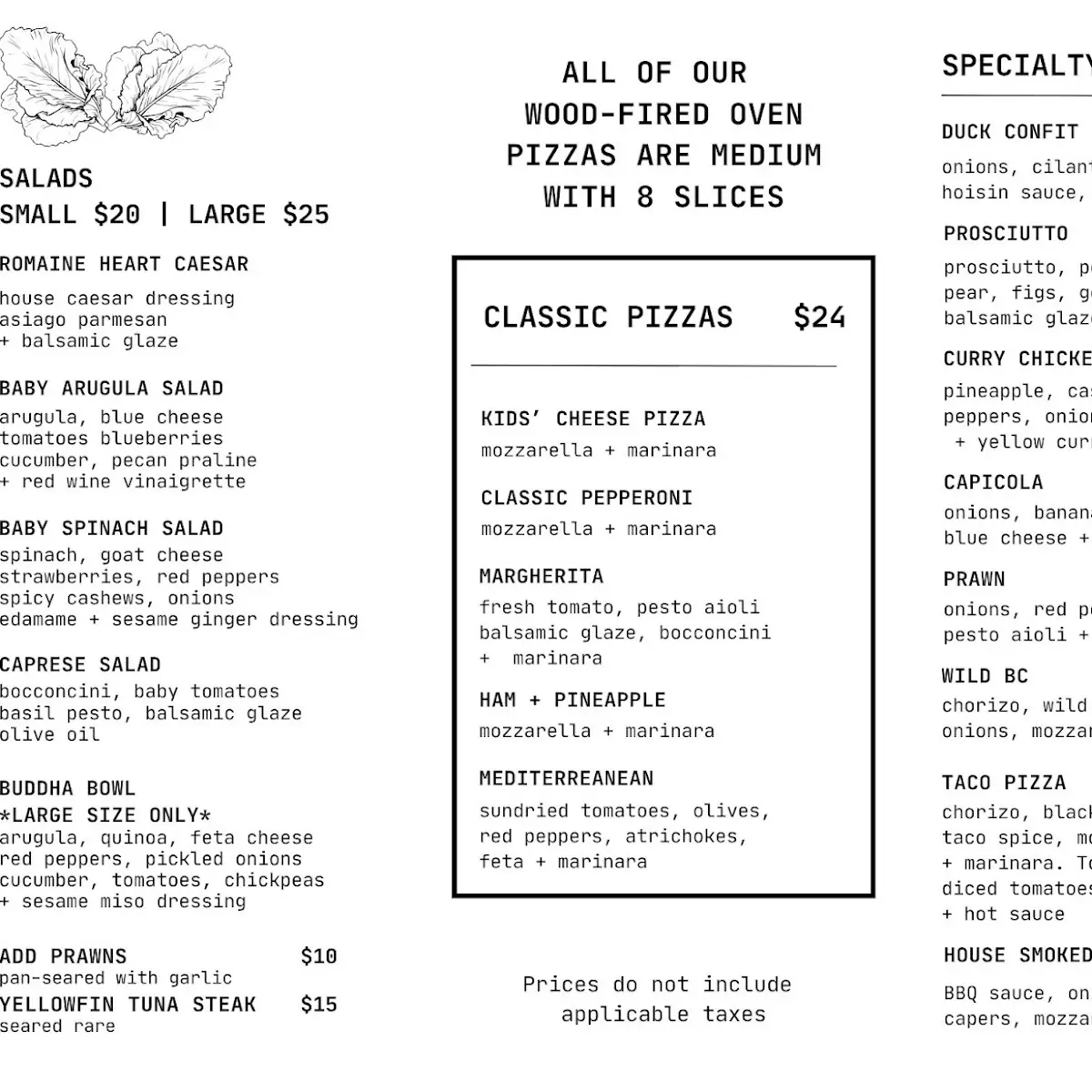 Menu, La Leña Pizza Patio