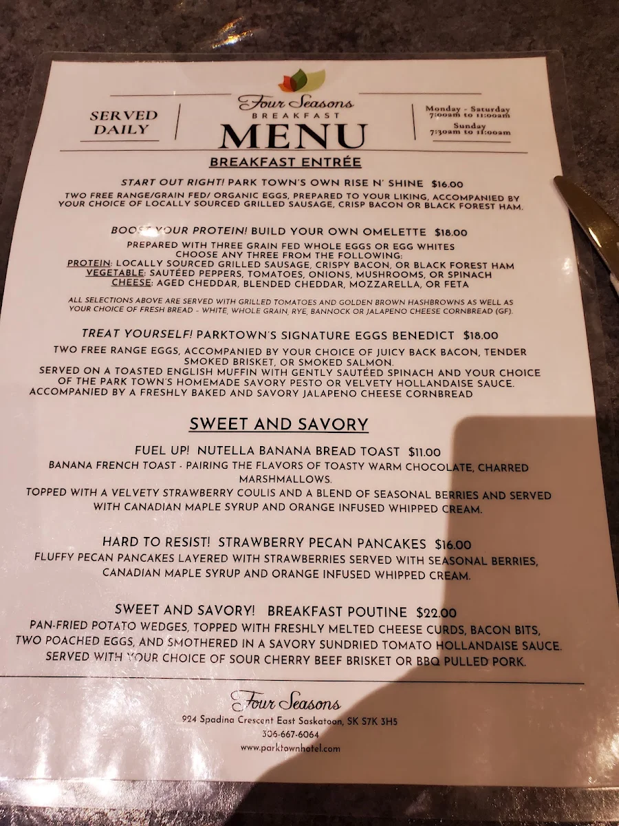 Menu, Four Seasons Restaurant & Lounge