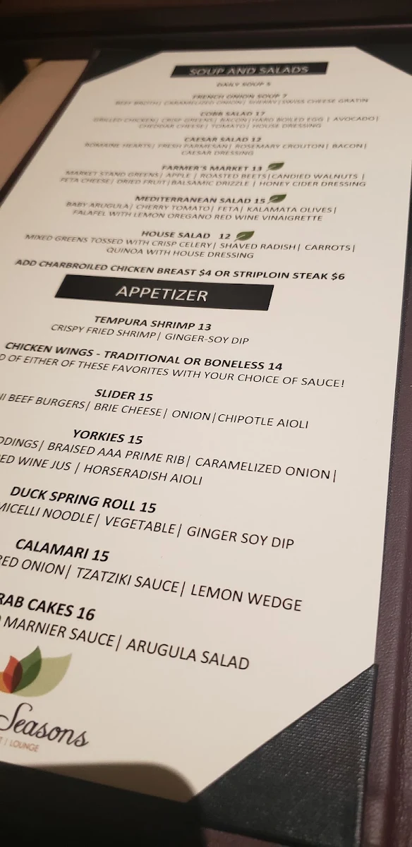 Menu, Four Seasons Restaurant & Lounge