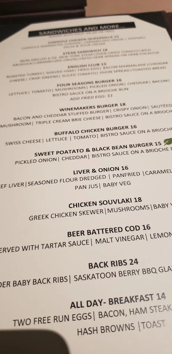 Menu, Four Seasons Restaurant & Lounge