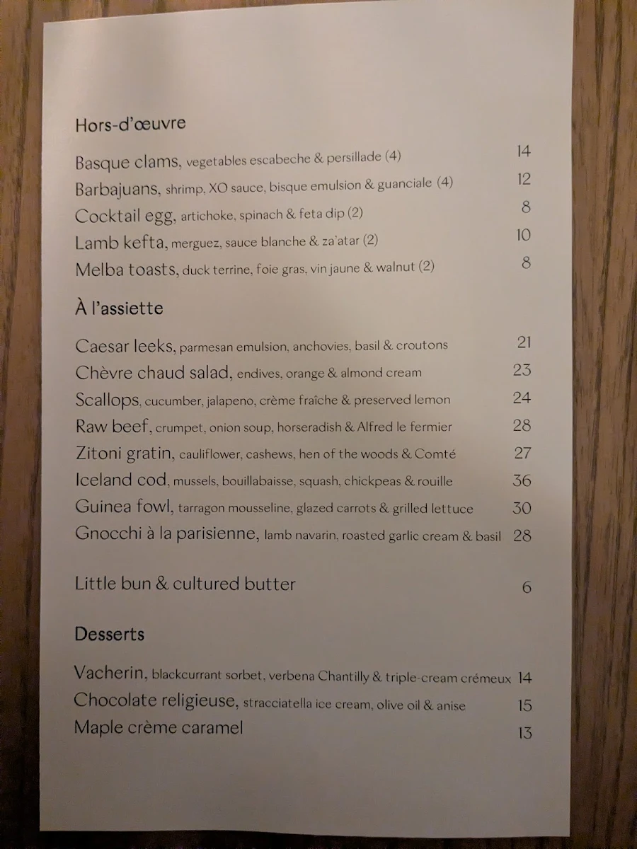 Menu, Restaurant Melba