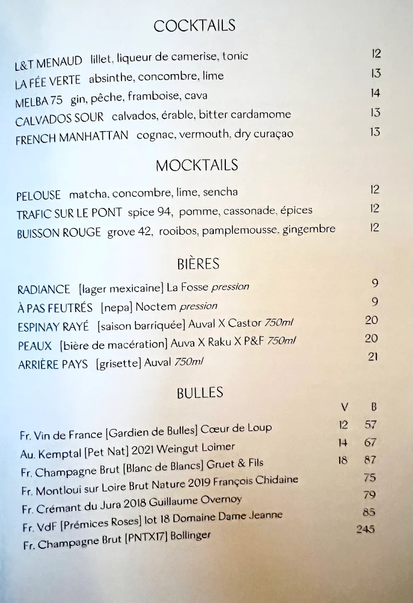 Menu, Restaurant Melba