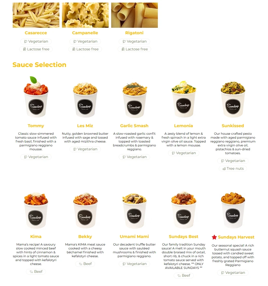 Menu, Sundays Pasta Lab