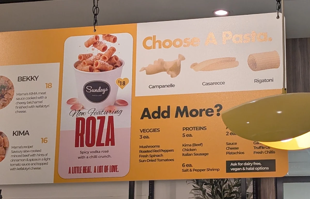Menu, Sundays Pasta Lab