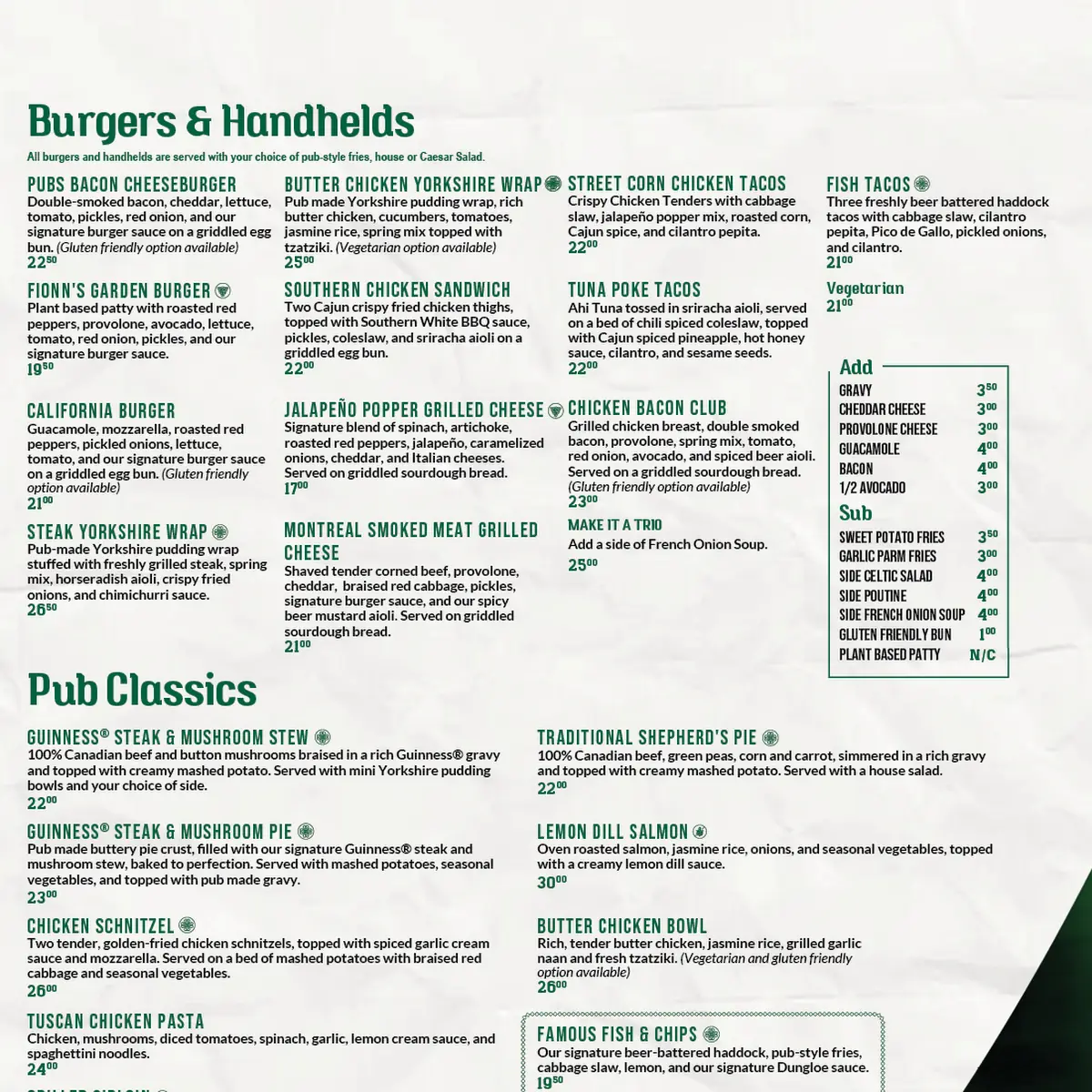 Menu, Paddy Flaherty's