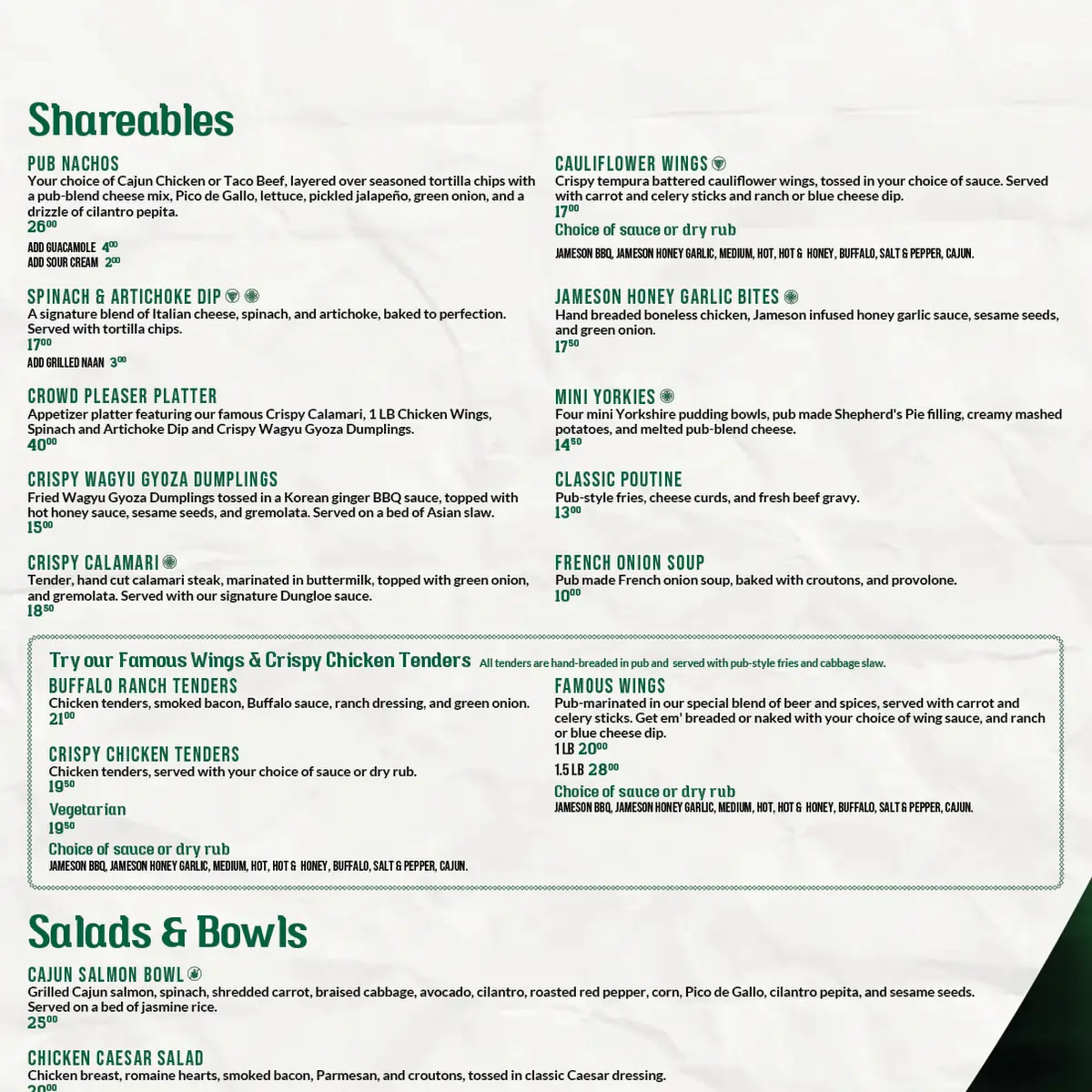 Menu, Paddy Flaherty's