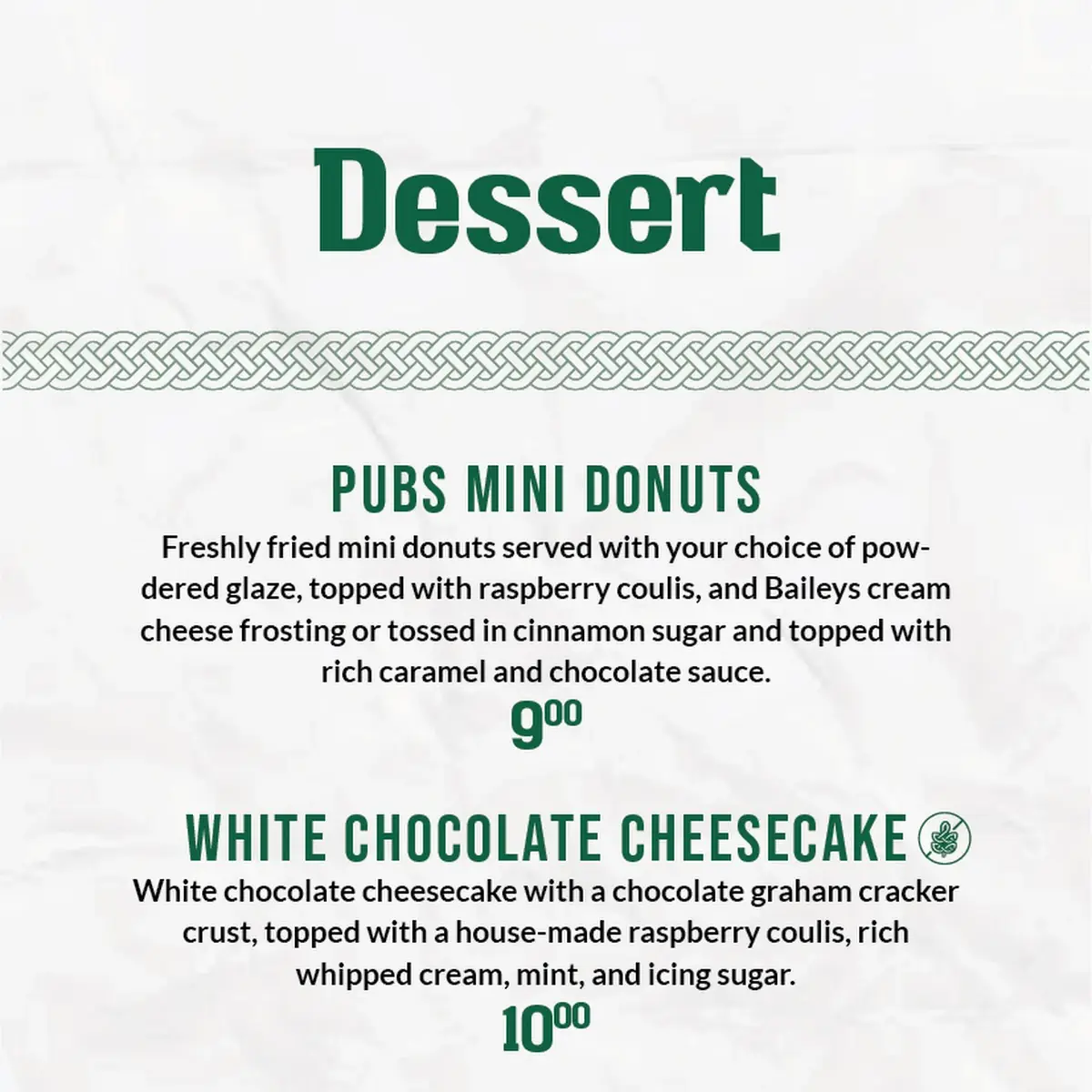 Menu, Paddy Flaherty's