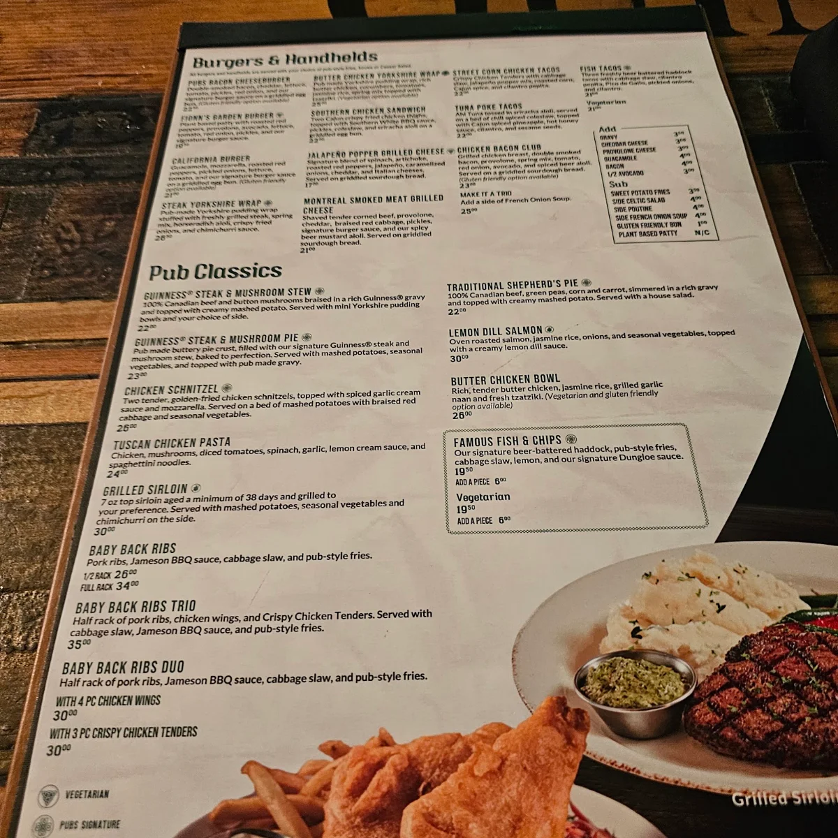 Menu, Paddy Flaherty's