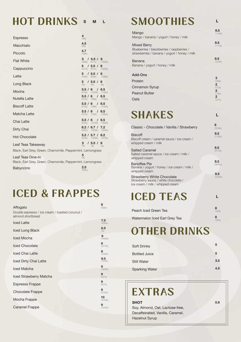 Menu, The Coffee Emporium Cessnock