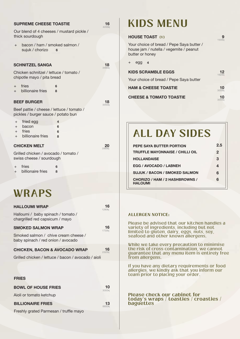 Menu, The Coffee Emporium Cessnock