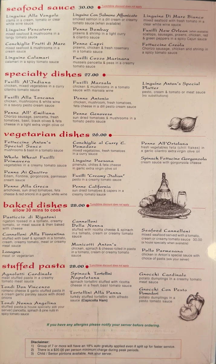 Menu, Anton's Pasta Bar