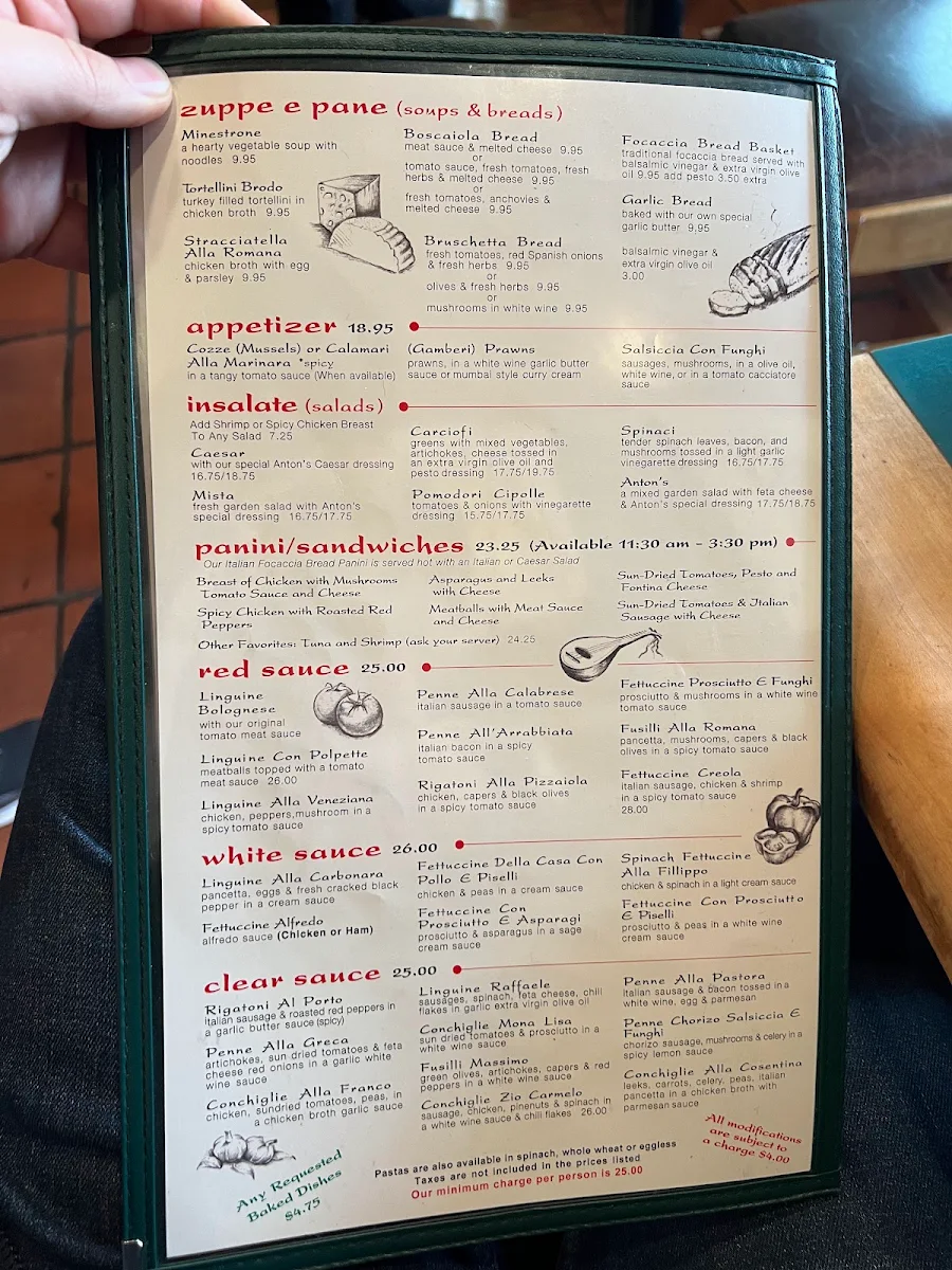 Menu, Anton's Pasta Bar
