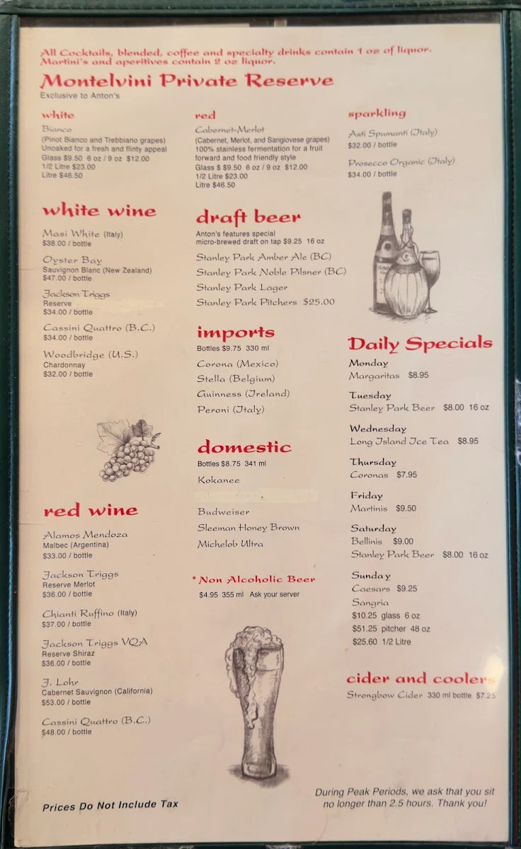 Menu, Anton's Pasta Bar