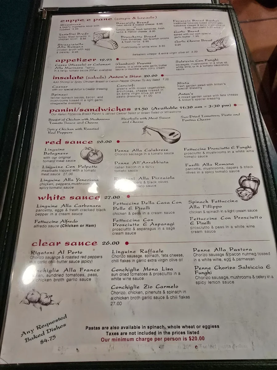 Menu, Anton's Pasta Bar