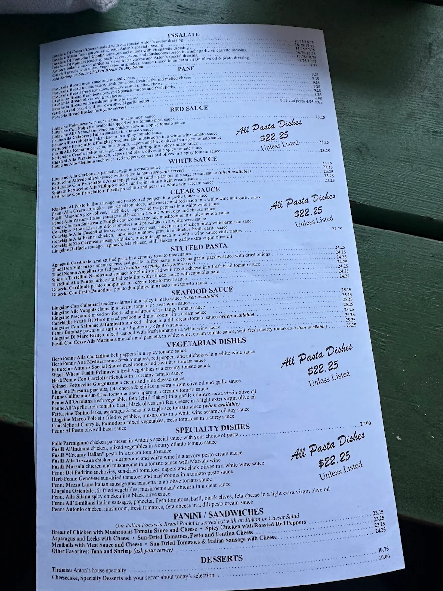 Menu, Anton's Pasta Bar