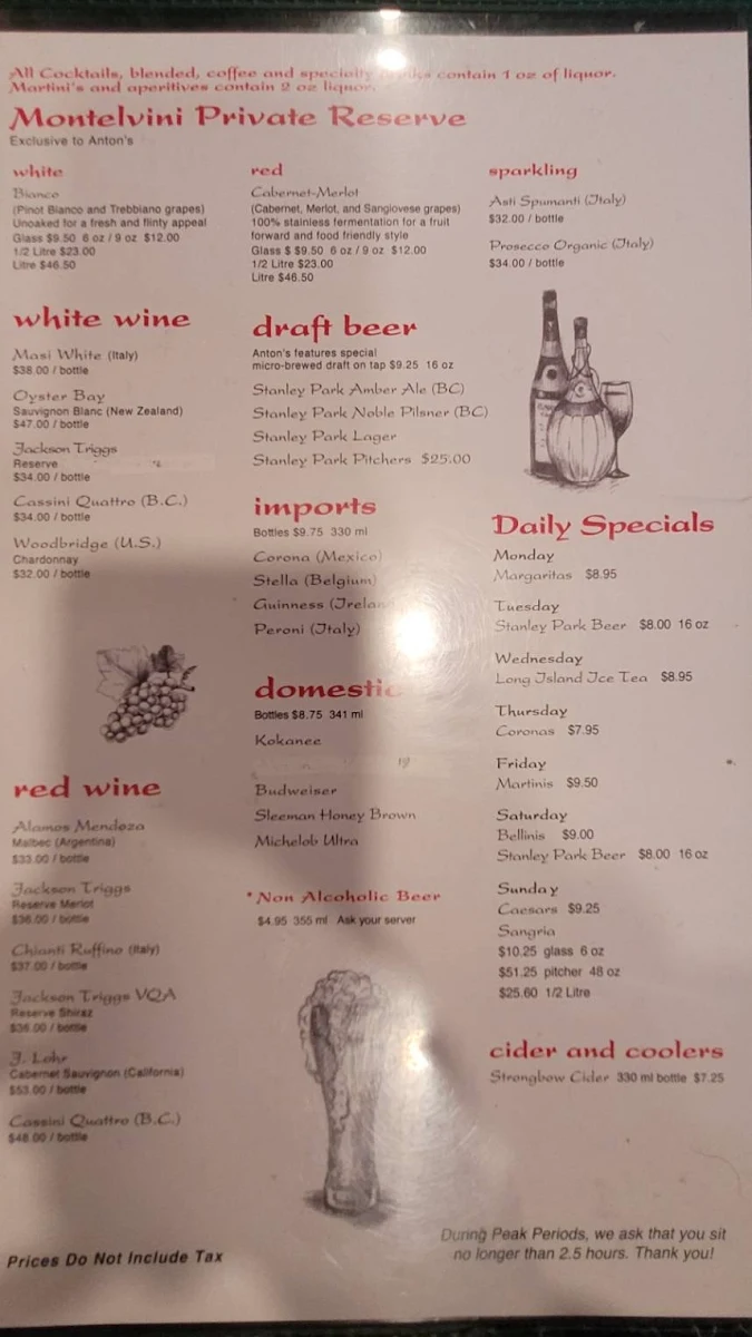 Menu, Anton's Pasta Bar