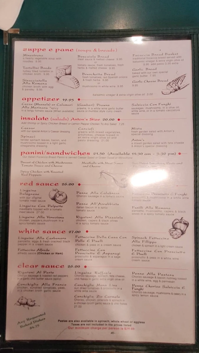 Menu, Anton's Pasta Bar