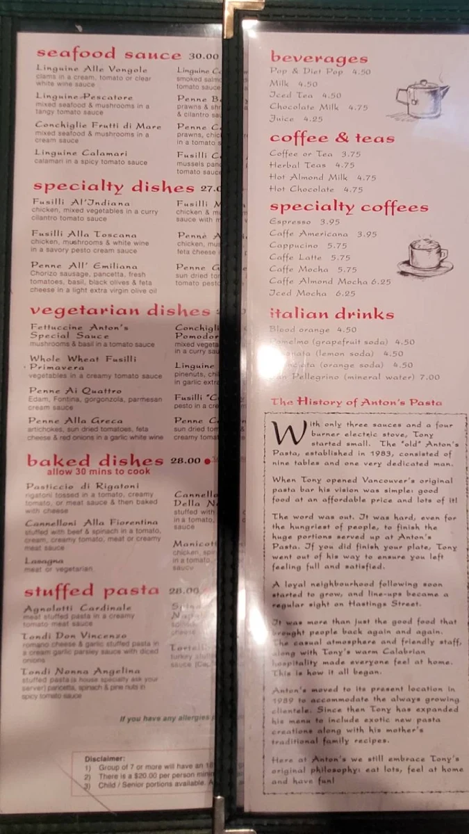 Menu, Anton's Pasta Bar