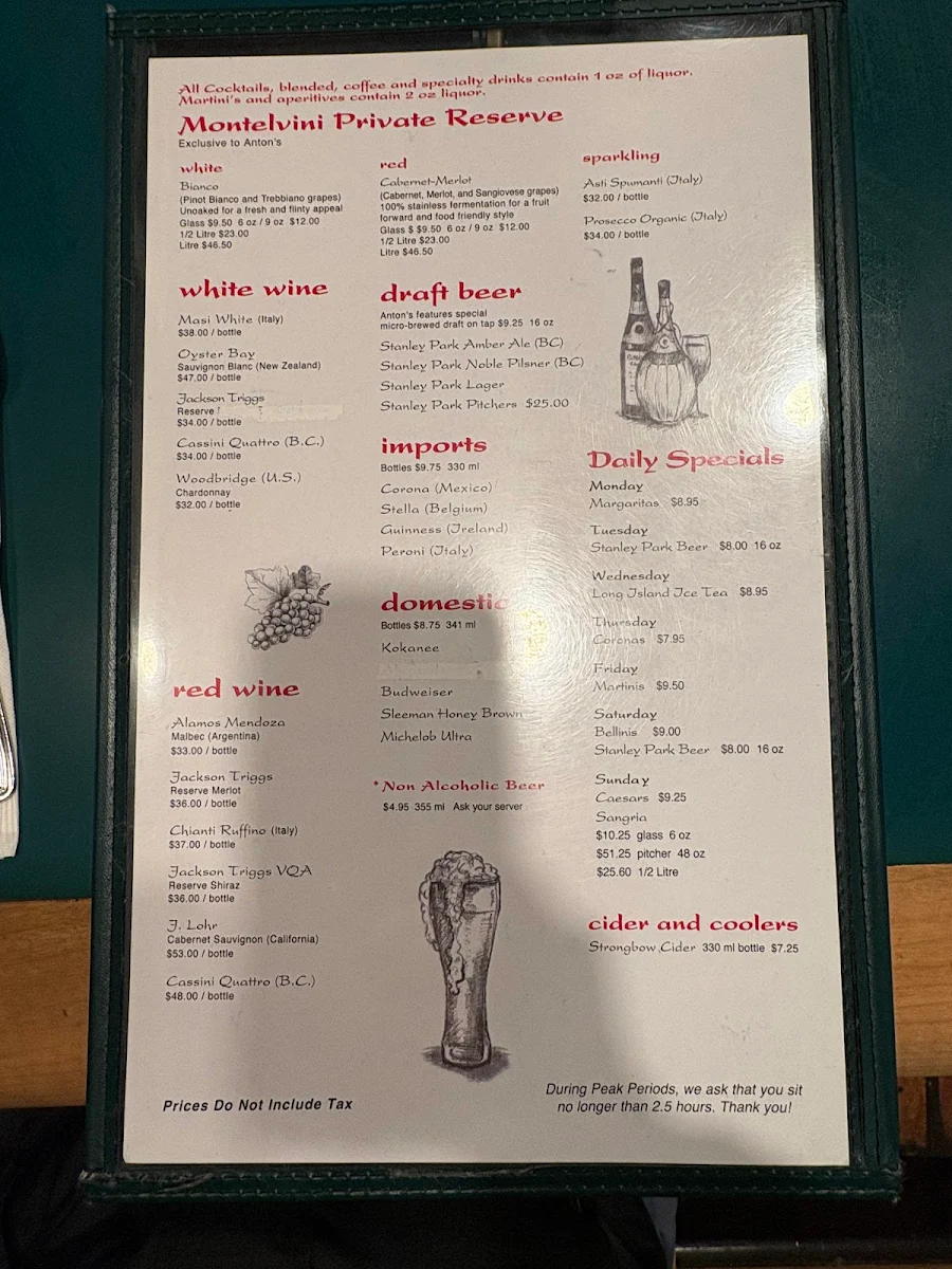 Menu, Anton's Pasta Bar