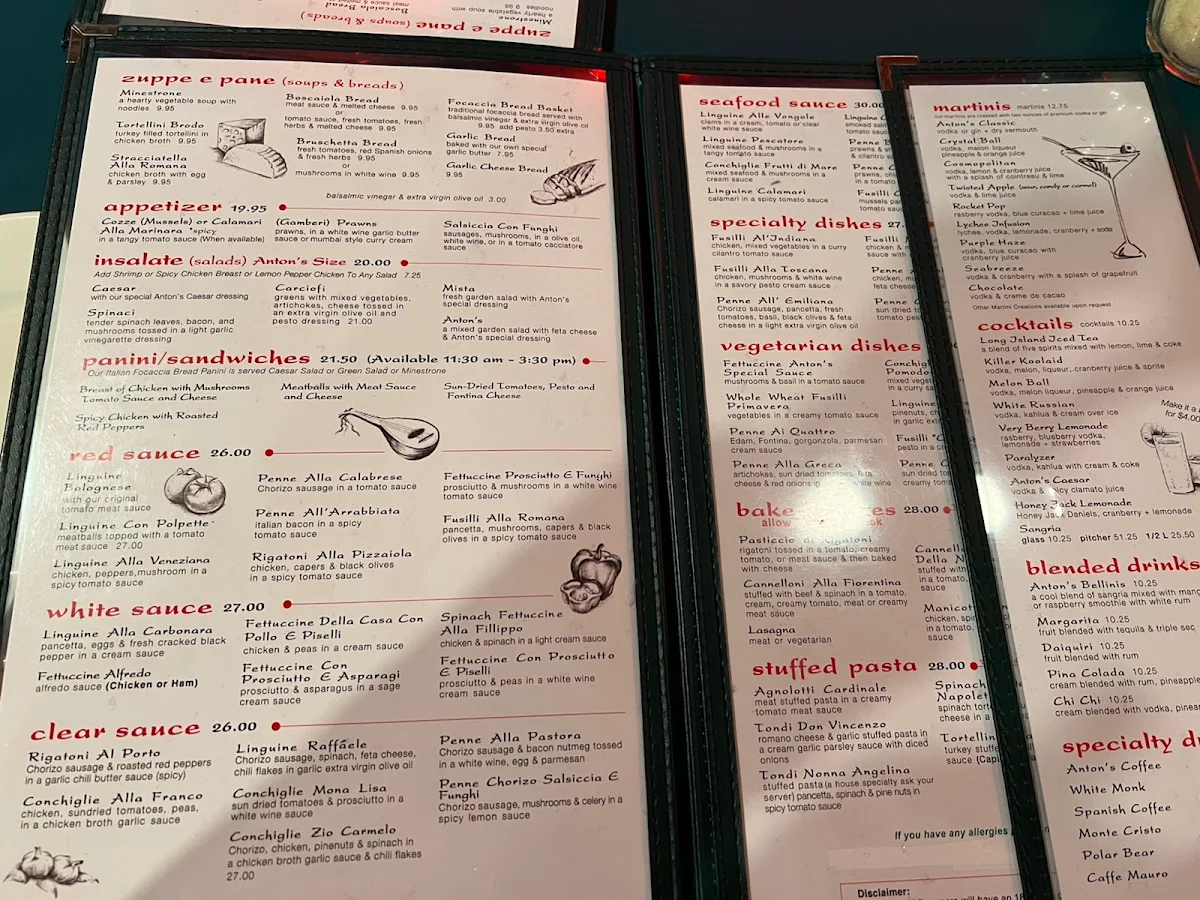 Menu, Anton's Pasta Bar