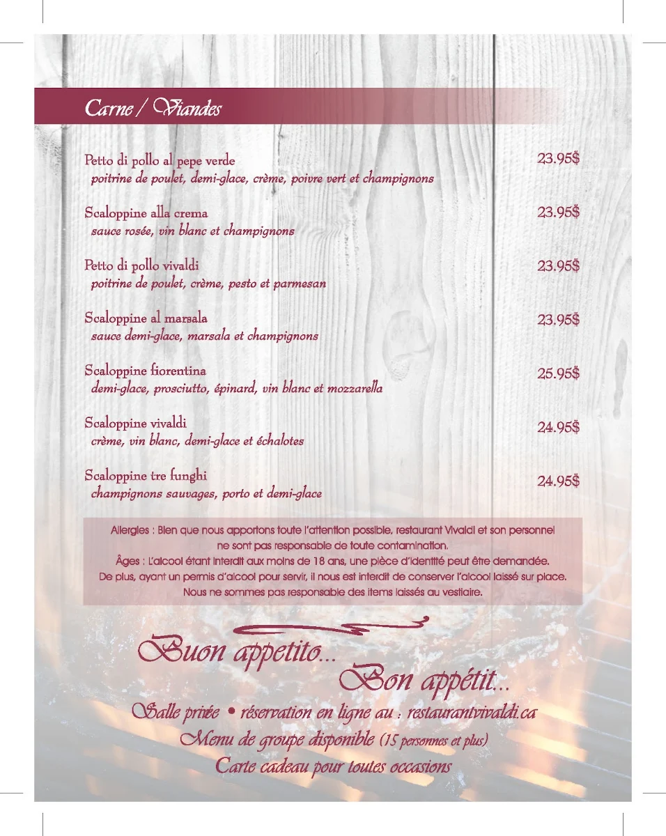 Menu, Restaurant Vivaldi