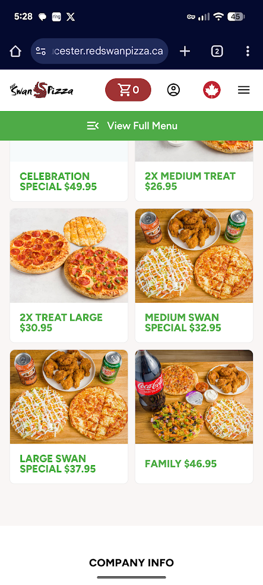 Menu, Red Swan Pizza - Welland