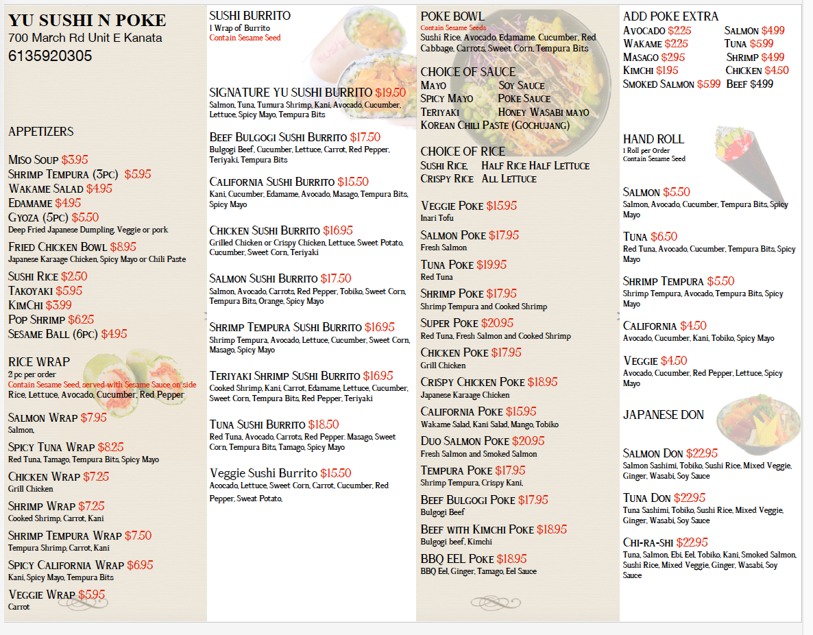 Menu, Yu Sushi N Poke Kanata