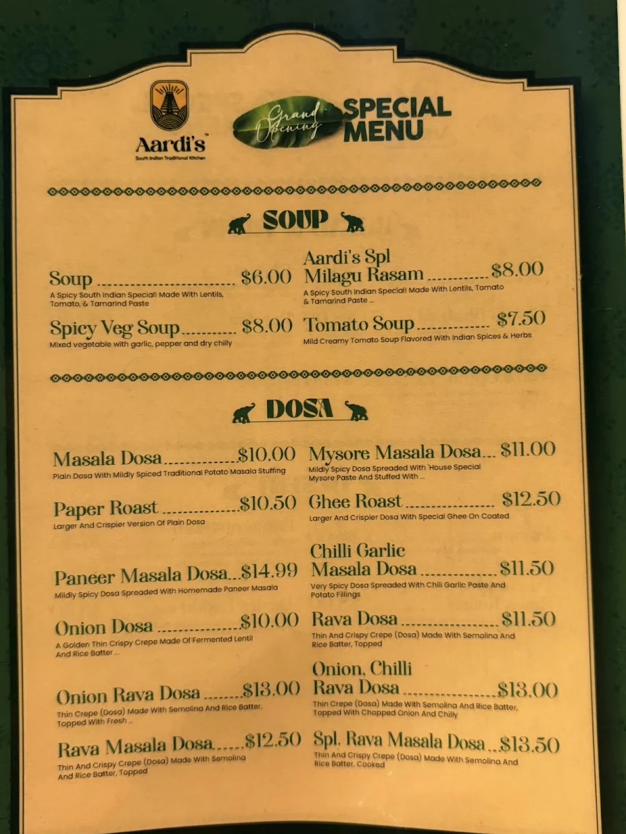 Menu, Aardi's South Indian Traditional Kitchen