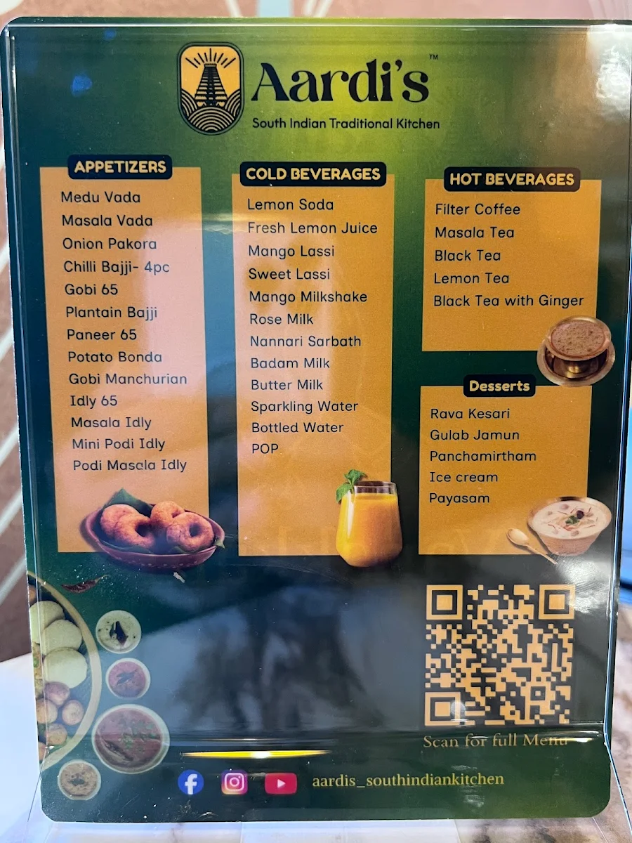 Menu, Aardi's South Indian Traditional Kitchen