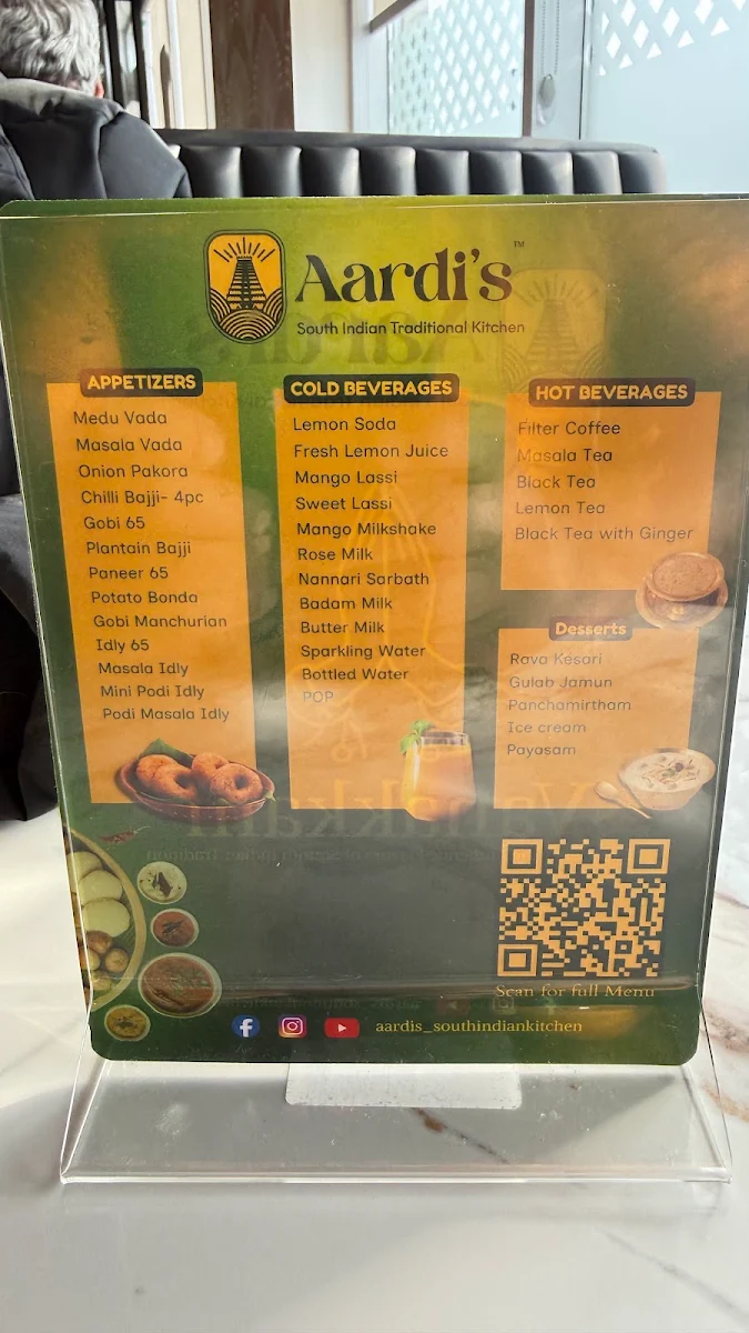 Menu, Aardi's South Indian Traditional Kitchen